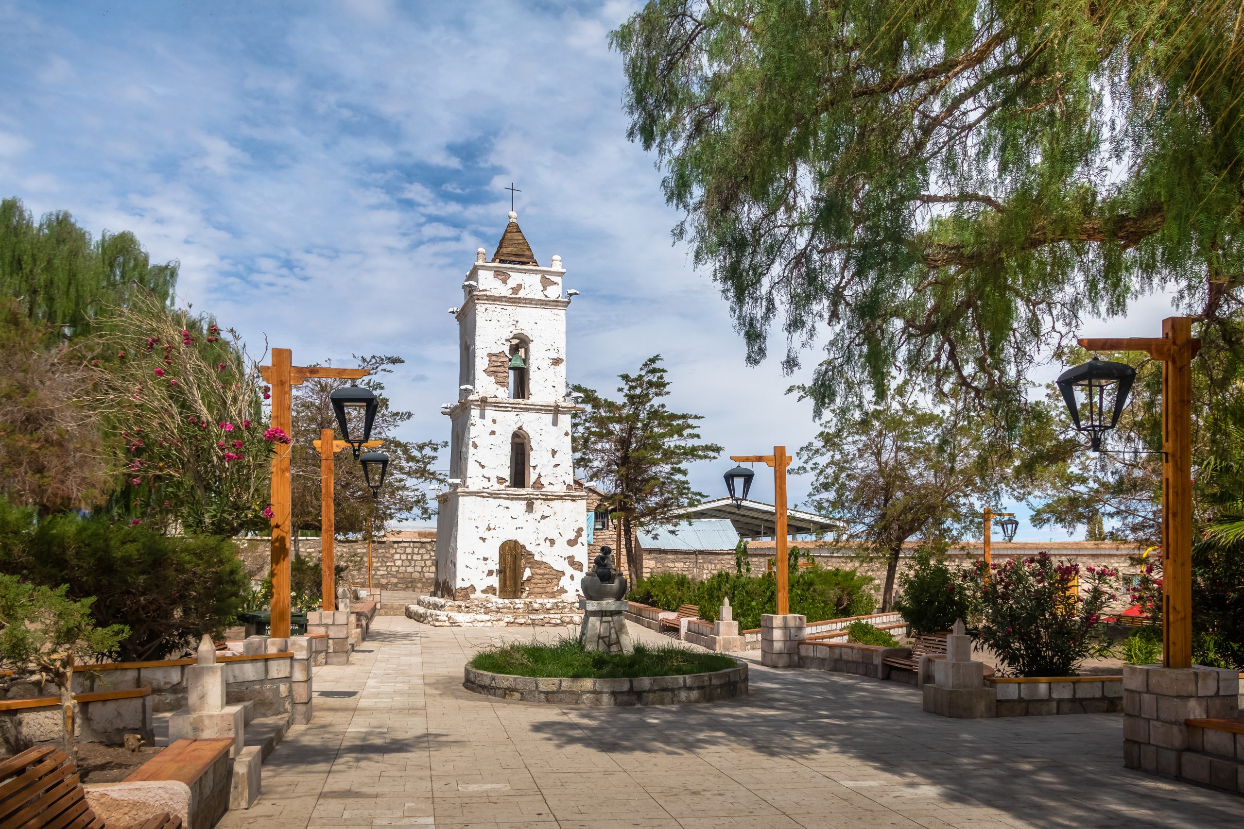 Bell Tower of the Church (Campanario de San Lucas) at Toconao Village Main Square - Toconao, Atacama Desert, Chile.